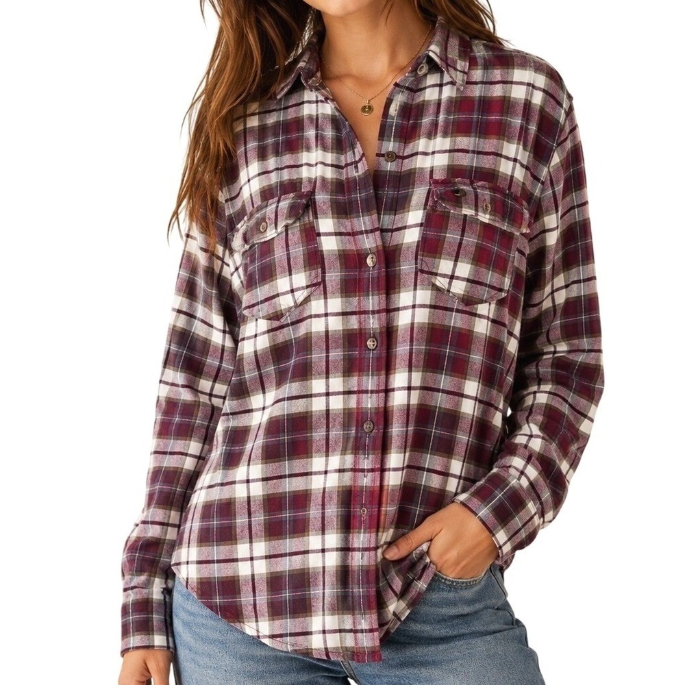 Abercrombie Fitch Womens Sz L Plaid Flannel Shirt Burgundy Button Pocket Top